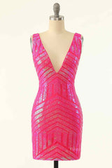 Prom Dresses Ideas, Hot Pink Sheath V Neck Sequin-Embroidered Mini Homecoming Dress