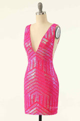 Prom Dress Unique, Hot Pink Sheath V Neck Sequin-Embroidered Mini Homecoming Dress