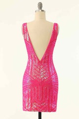 Prom Dresses Unique, Hot Pink Sheath V Neck Sequin-Embroidered Mini Homecoming Dress