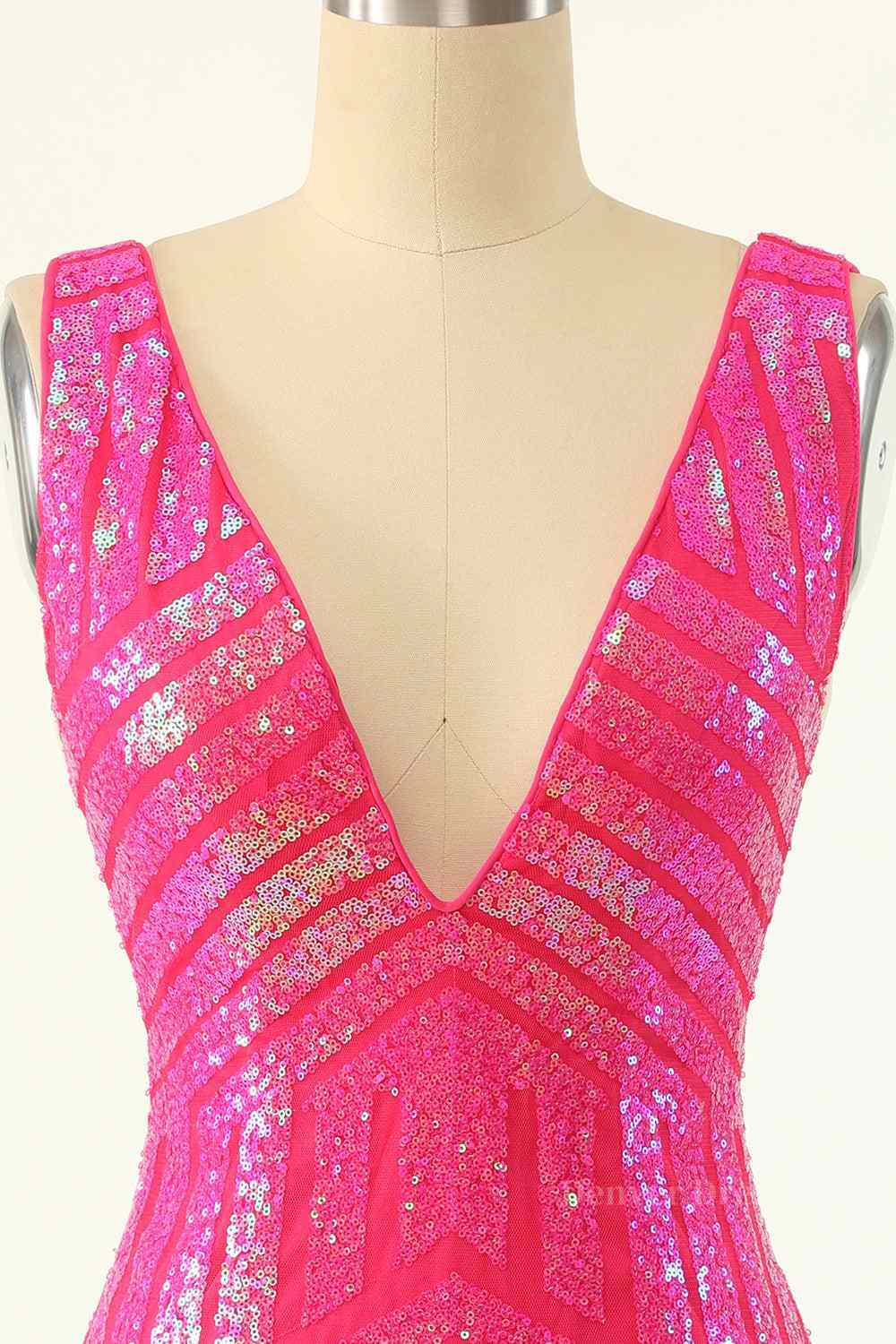 Prom Dress Cheap, Hot Pink Sheath V Neck Sequin-Embroidered Mini Homecoming Dress
