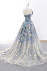 Evening Dresses For Over 49, Elegant A Line Blue Tulle Long Strapless Lace Up Gold Evening Dress, Prom Dresses, Js223