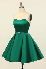 Evening Dress Shopping, Hunter Green A-line Strapless Satin Mini Homecoming Dress with Beaded Sash