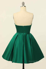 Evening Dress Shops, Hunter Green A-line Strapless Satin Mini Homecoming Dress with Beaded Sash
