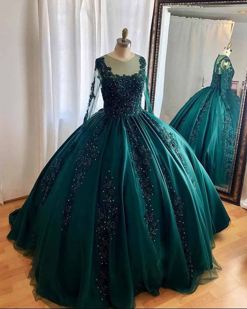 Party Dress Clubwear, Hunter Green Ball Gown Prom Dresses Long Sleeves