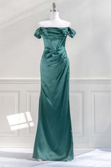 Formal Dresses Winter, Hunter Green Off-the-Shoulder Satin Mermaid Long Prom Dress with Slit