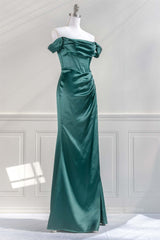 Formal Dress Winter, Hunter Green Off-the-Shoulder Satin Mermaid Long Prom Dress with Slit