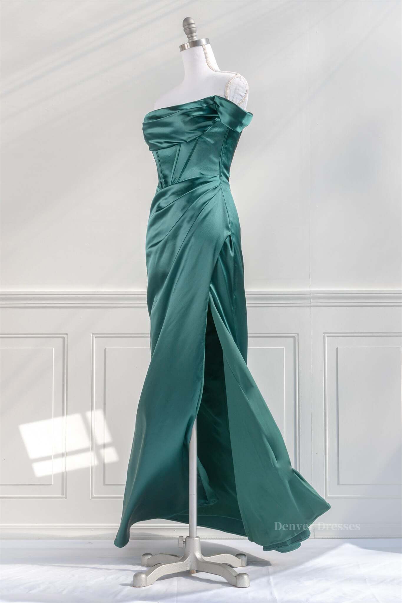 Formal Dresses For Winter, Hunter Green Off-the-Shoulder Satin Mermaid Long Prom Dress with Slit
