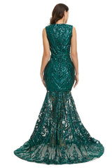Evening Dress Green, Sequins Sleeveless Floor Length Crew Neck Prom Dresses