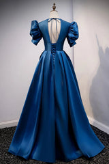2034 Prom Dress, Blue V Neck Satin Short Sleeves Long Prom Dress Blue Satin Evening Dress