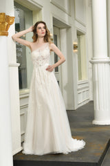 Wedding Dress Beach, Illusion Lace One Shoulder Tulle Wedding Dresses With Sweep Train