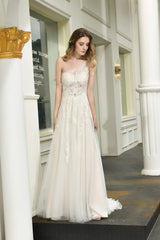 Wedding Dresses Beautiful, Illusion Lace One Shoulder Tulle Wedding Dresses With Sweep Train