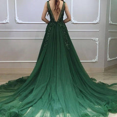 Prom Dresses Under 200, Dark Green Low Back Beaded Lace V-neckline Party Dress, A-line Prom Dress