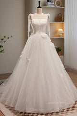 Wedding Dress With Lace, Ivory Bow Tie Shoulder Pearl Bows Tulle Long Wedding Dress