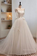 Wedding Dress With Lacing, Ivory Bow Tie Shoulder Pearl Bows Tulle Long Wedding Dress