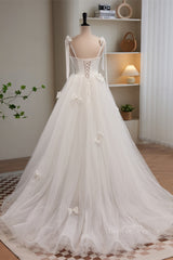 Wedding Dresses With Lace, Ivory Bow Tie Shoulder Pearl Bows Tulle Long Wedding Dress