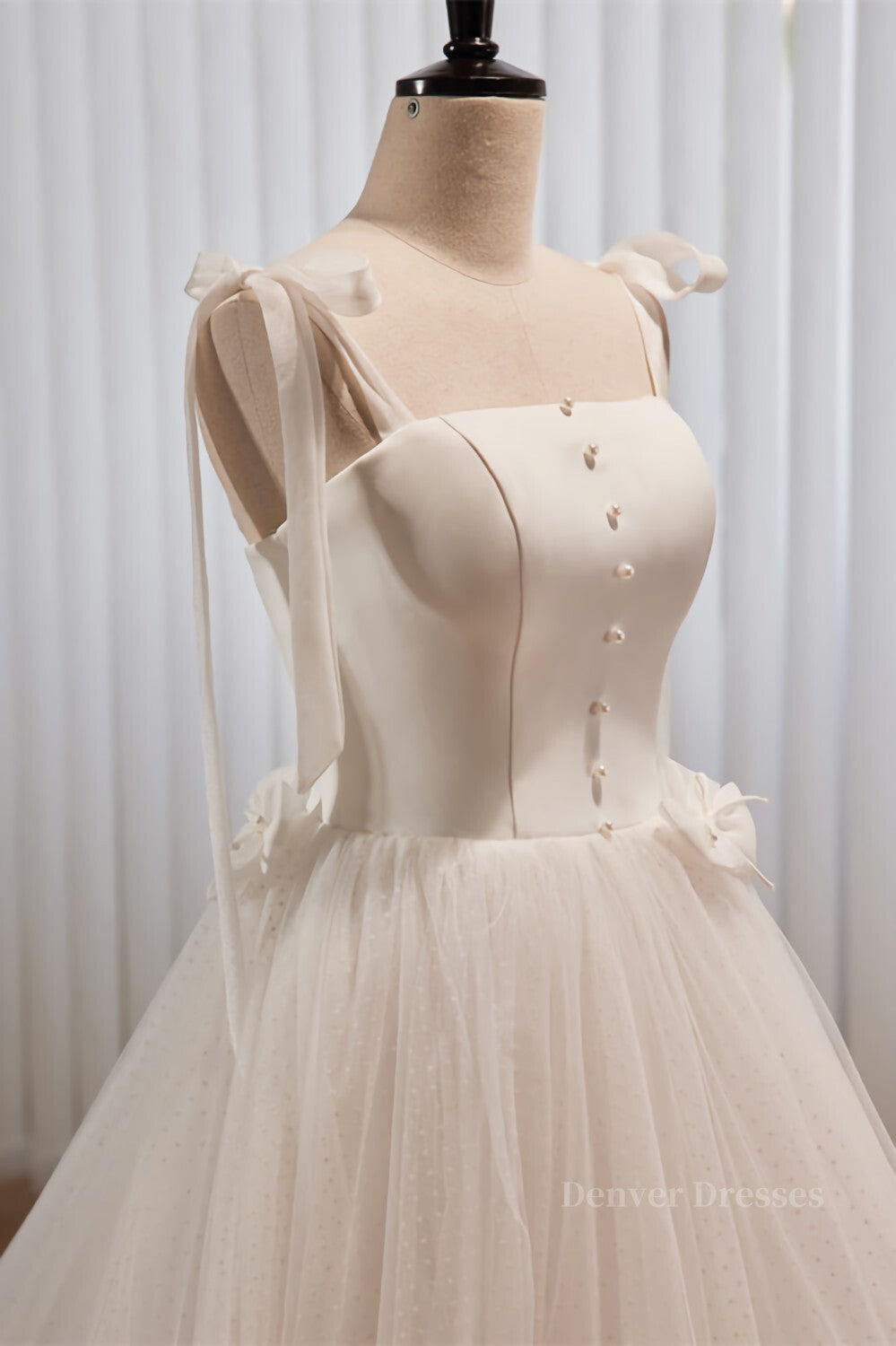 Wedding Dresses Vintage Style, Ivory Bow Tie Shoulder Pearl Bows Tulle Long Wedding Dress