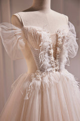 Party Dress For Wedding, Ivory Floor Length Beaded Straps Prom Dress, Ivory Tulle Evening Dress
