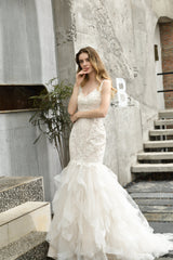 Wedding Dresses Princess, Ivory Mermaid Tulle Lace Appliques V-neck Wedding Dresses with Cascading Ruffles