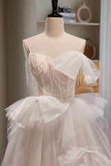 Formal Dress Style, Ivory Straps Beading Bows Ruffle Pleated Long Prom Dress