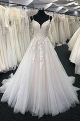 Wedding Dresses Collection, Ivory V neck Sleeveless A line Princess Lace Wedding Dress