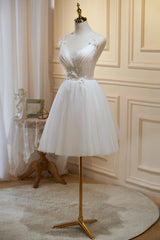 Party Dress Store, Ivory V Neck Tulle Lace Knee Length Prom Dress, Cute A-Line Homecoming Dress
