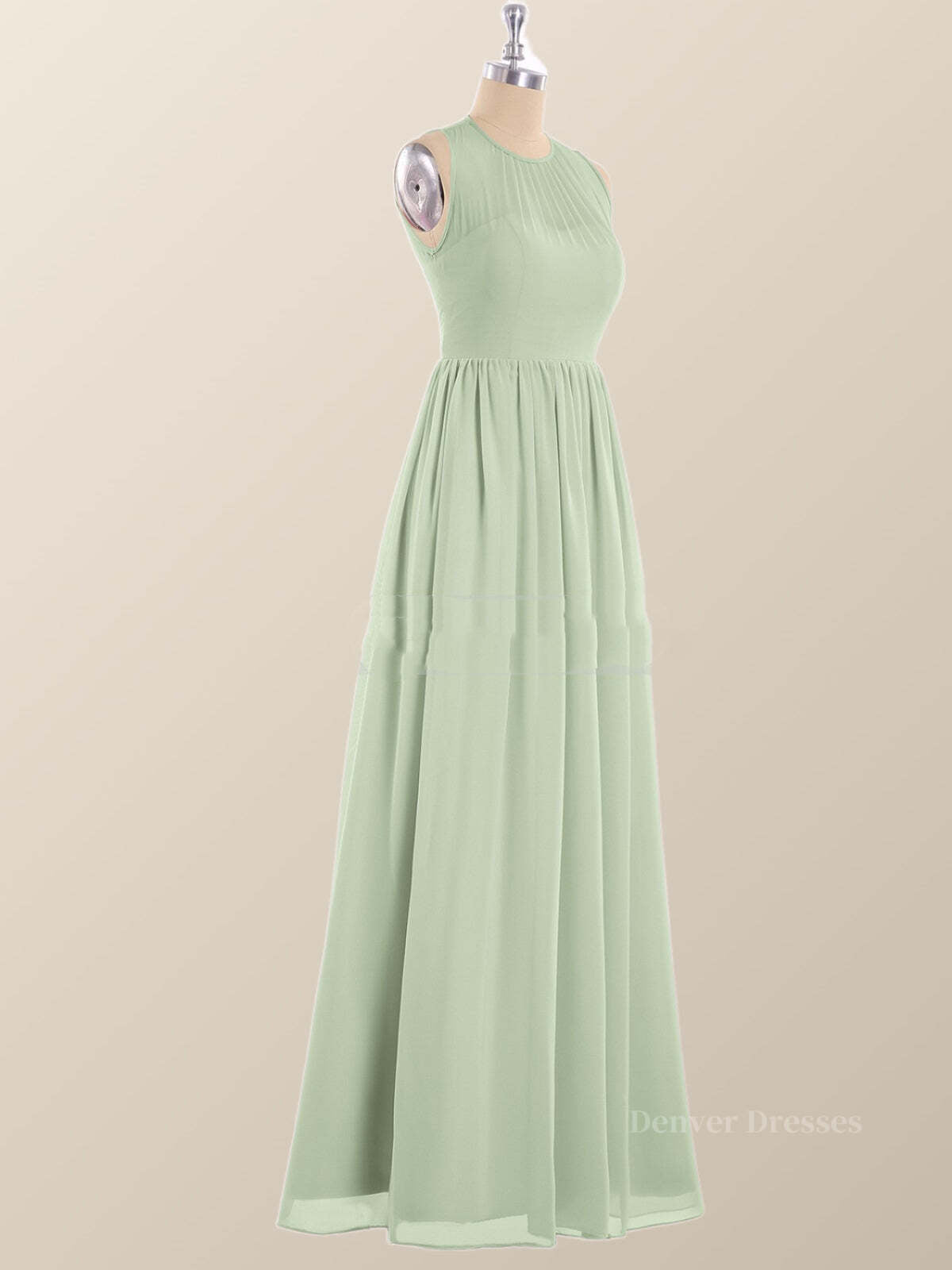 Bridesmaid Dresses With Sleeve, Jewel Neck Sage Green Chiffon Long Bridesmaid Dress