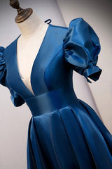 Evening Dress, Blue V Neck Satin Short Sleeves Long Prom Dress Blue Satin Evening Dress
