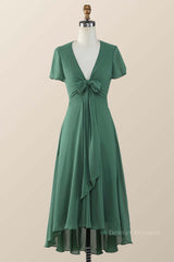 Emerald Green Prom Dress, Knot Front Green Chiffon Long Bridesmaid Dress