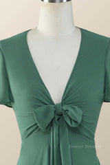Black Tie Wedding Guest Dress, Knot Front Green Chiffon Long Bridesmaid Dress