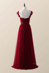Bridesmaid Dress Idea, Knotted Front Red Tulle A-line Long Bridesmaid Dress