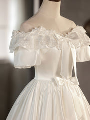 Wedding Dresses Lace, White Satin Lace Short Prom Dress, Off Shoulder Evening Dress, Wedding Dress