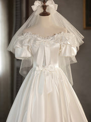 Wedding Dresses Vintage, White Satin Lace Short Prom Dress, Off Shoulder Evening Dress, Wedding Dress