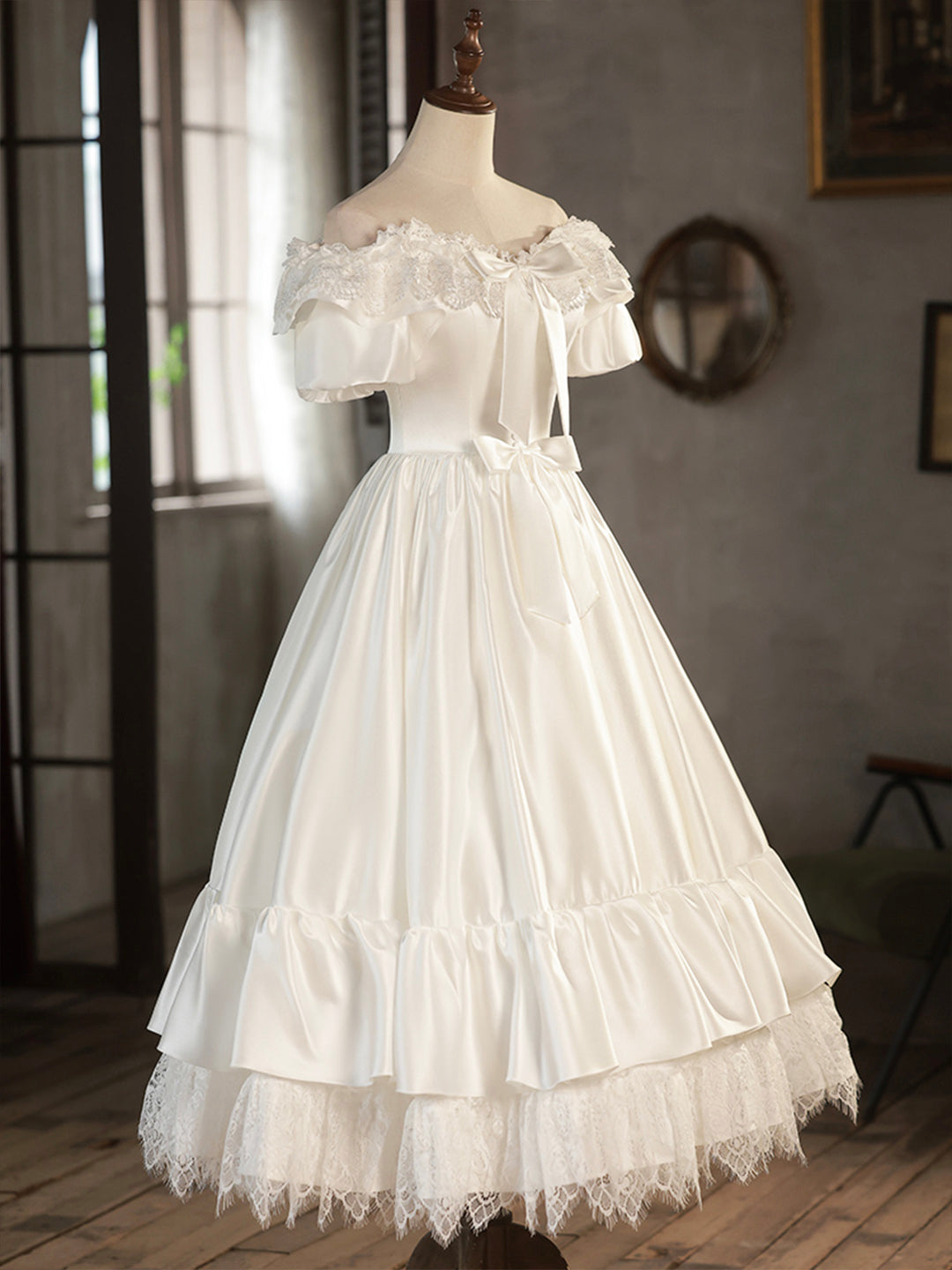 Wedding Dress Styles, White Satin Lace Short Prom Dress, Off Shoulder Evening Dress, Wedding Dress