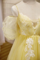 Prom Dresses Size 26, Yellow Lace Short Prom Dress, Off the Shoulder Homecoming Dress