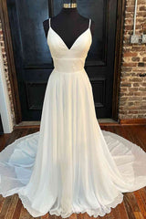 Wedding Dress V Neck, Lace Back White V-Neck A-Line Long Bridal Dress Chiffon Wedding Dresses