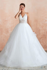Wedding Dress Styles 2029, Lace Halter See-through Multi-Layers White Wedding Dresses with Open Back