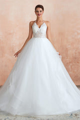 Wedding Dress Style 2029, Lace Halter See-through Multi-Layers White Wedding Dresses with Open Back