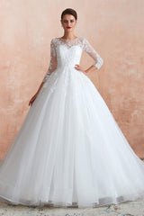 Wedding Dresse Long Sleeve, Lace Jewel White Tulle Wedding Dresses with 3/4 Sleeves