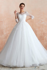 Weddings Dress Long Sleeve, Lace Jewel White Tulle Wedding Dresses with 3/4 Sleeves
