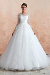 Wedding Dress Long Sleeves, Lace Jewel White Tulle Wedding Dresses with 3/4 Sleeves
