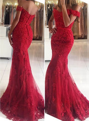 Prom Dresses Mermaide, Lace Long/Floor-Length Trumpet/Mermaid Sleeveless Off-The-Shoulder Zipper Prom Dress With Appliqued Beaded