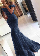 Prom Dress Mermaid, Lace Long/Floor-Length Trumpet/Mermaid Sleeveless Off-The-Shoulder Zipper Prom Dress With Appliqued Beaded