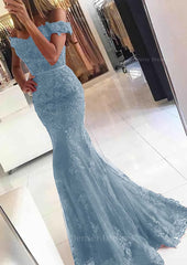 Prom Dresses Chicago, Lace Long/Floor-Length Trumpet/Mermaid Sleeveless Off-The-Shoulder Zipper Prom Dress With Appliqued Beaded