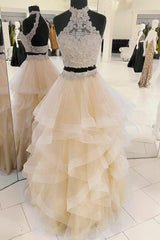 Party Dresses Lace, Lace Two-piece Champagne Prom Dresses with Horsehair Skirt,Quinceanera Dress,Birthday Dresses