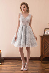 Prom Dresses Tight Fitting, Lace V Neck Grey Short Homecoming Dresses with Ribbon