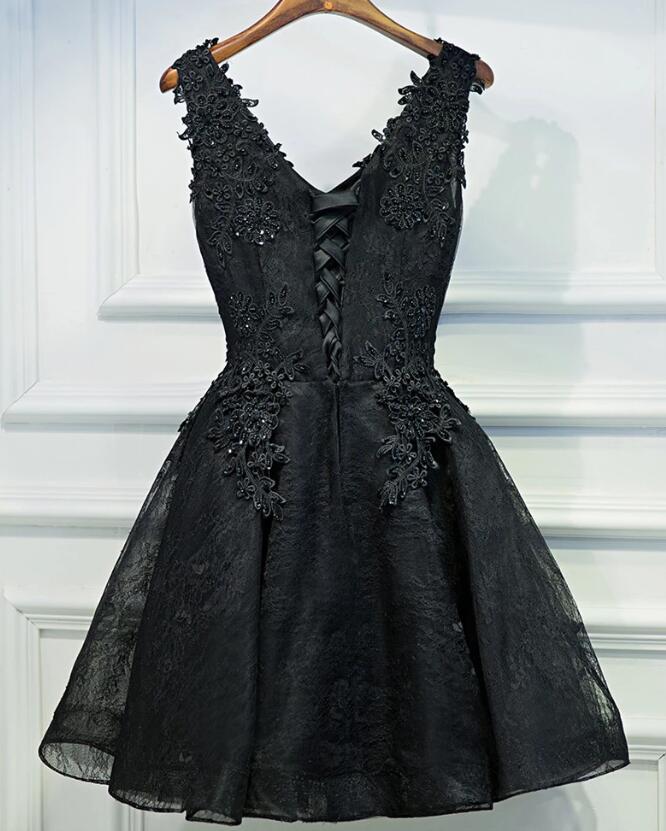 Prom Dresses 2023 Cheap, Lace V-neckline Short Black Lace Prom Dresses, Black Homecoming Dresses