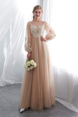 Vintage Prom Dress, Lantern Sleeve Champagne Appliques Long Prom Dresses