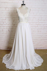 Wedding Dresse Beach, Latest Long A-line V-neck Lace Chiffon Wedding Dress