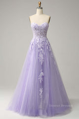 Chiffon Dress, Lavender A-line Appliques Strapless Lace-Up Tulle Long Prom Dress