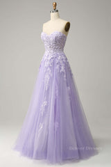 Navy Blue Dress, Lavender A-line Appliques Strapless Lace-Up Tulle Long Prom Dress